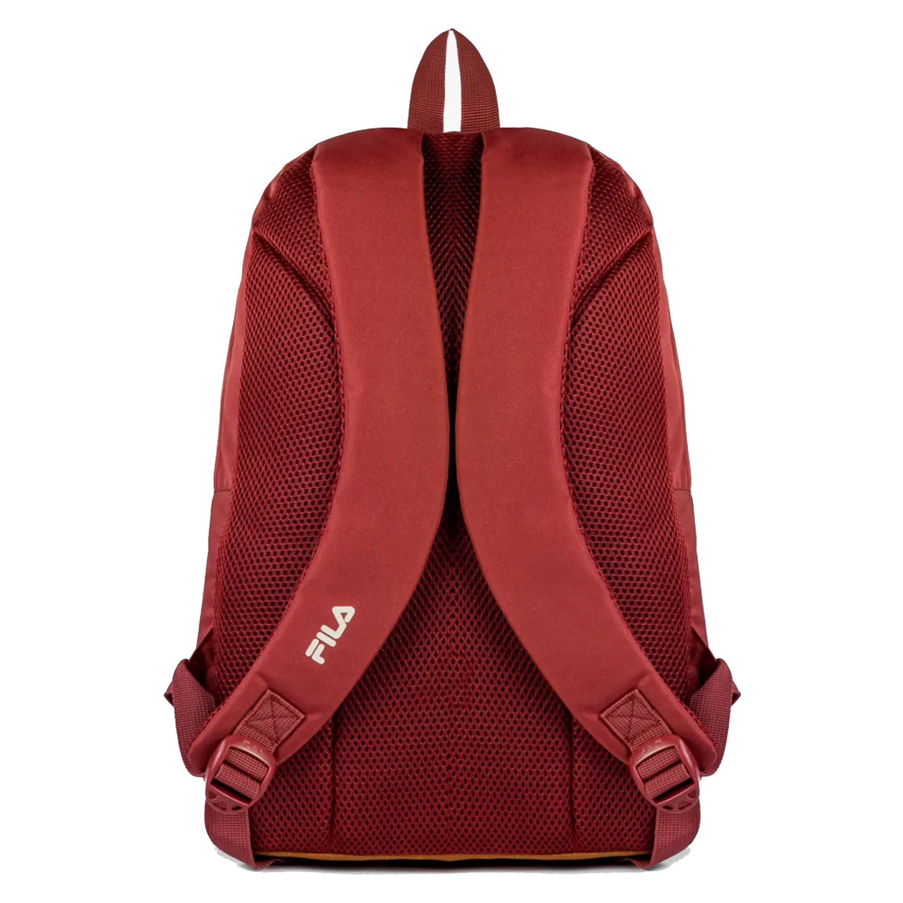 Mochila FILA vermelha ocre vista de costas mostrando costado ventilado e logo da marca